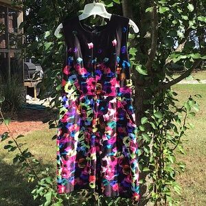 Millly Graffiti Black Abstract Multi Colored Flower Print Satin Sleeves Dress